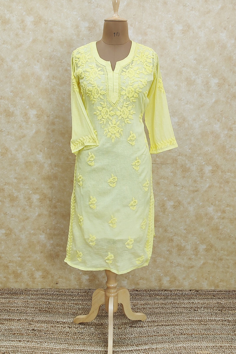 Yellow Colour Hand Embroidered Lucknowi Chikankari Kurti-Kota Cotton MC251884